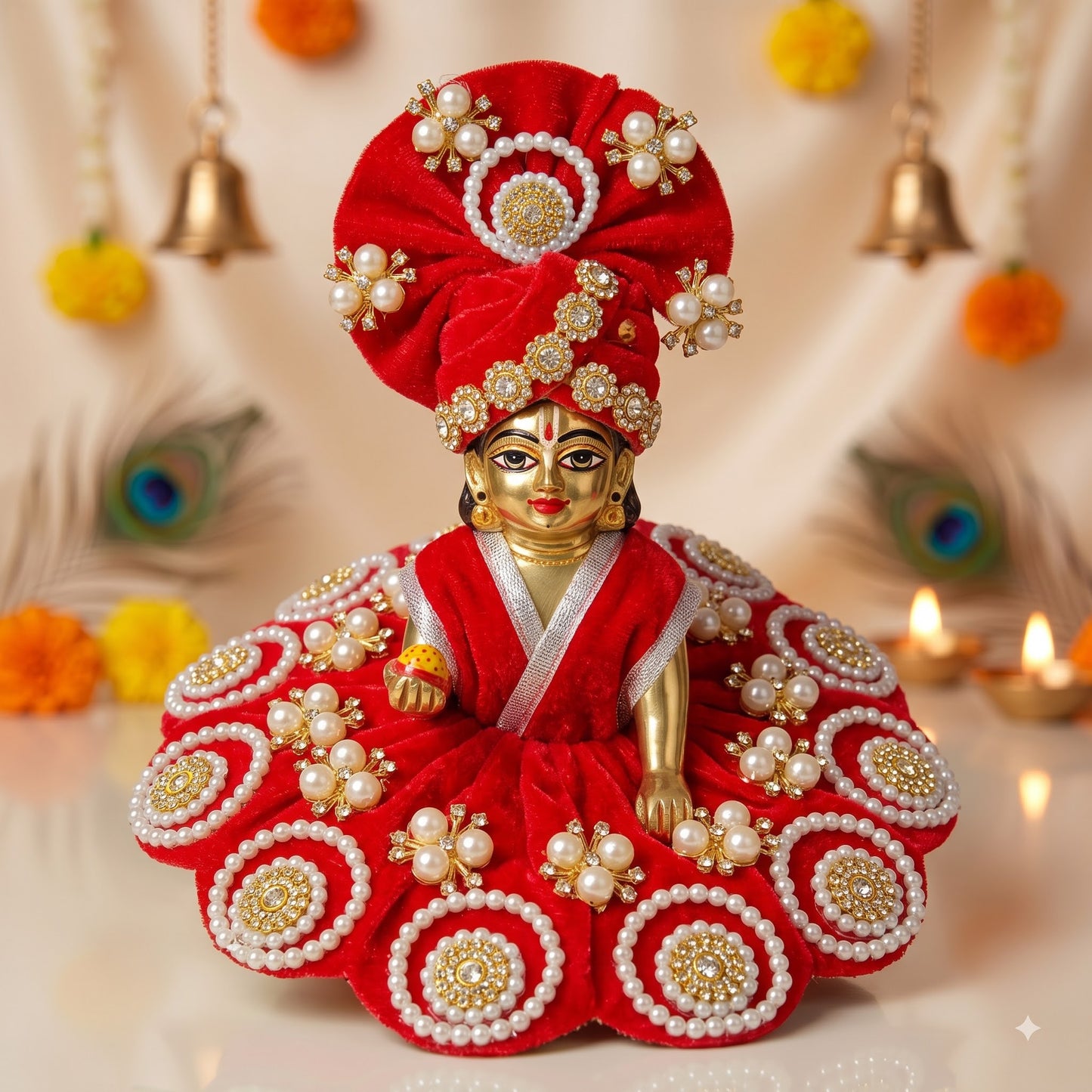 Red Designer Laddu Gopal Poshak with Pearl & Stone Work