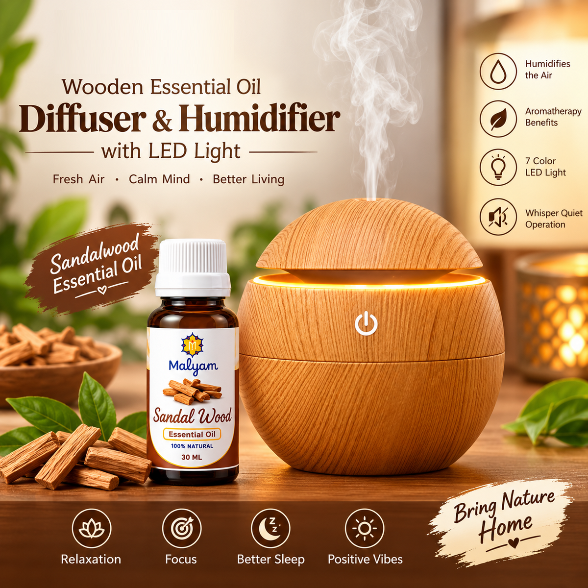 Wooden Essential Oil Diffuser & Humidifier with LED Light and Sandalwood Oil