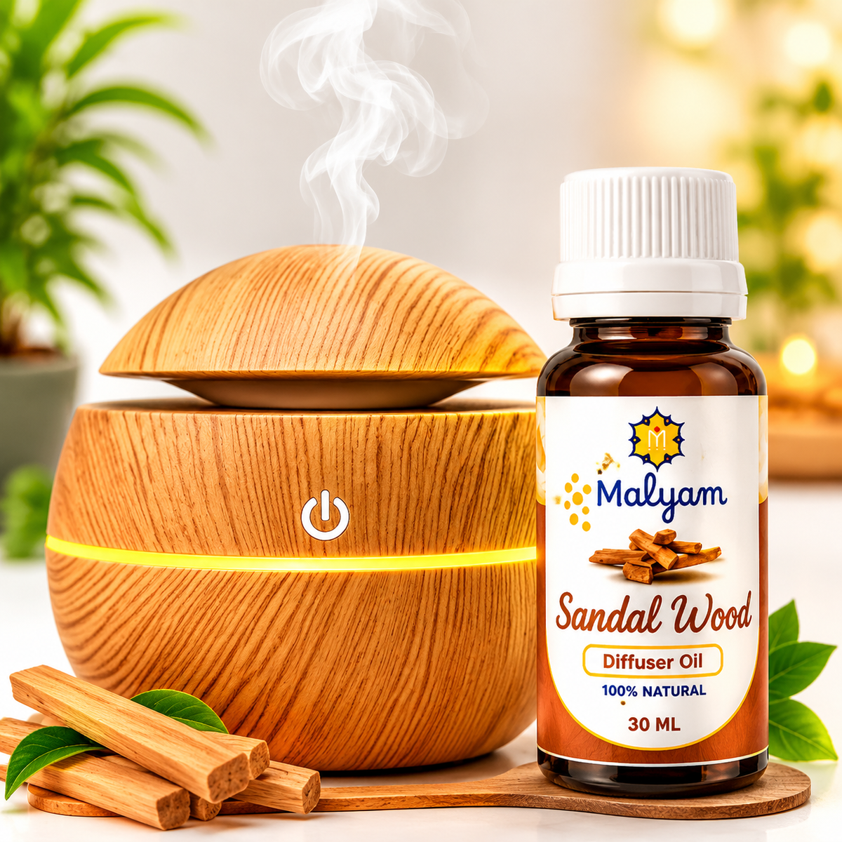 Wooden Essential Oil Diffuser & Humidifier with LED Light and Sandalwood Oil