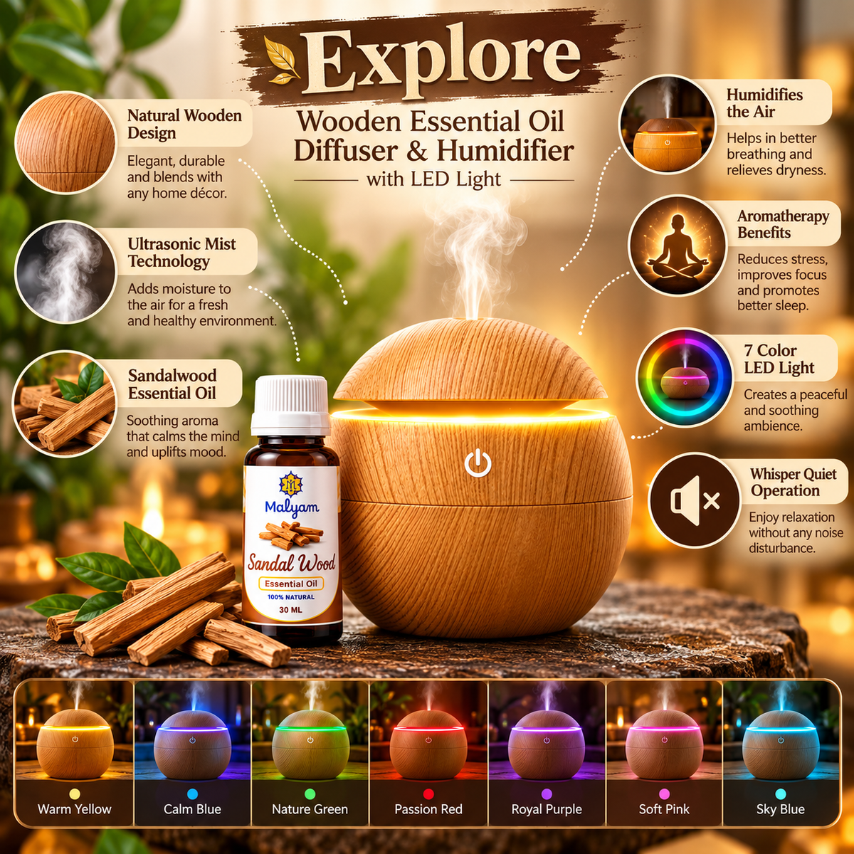 Wooden Essential Oil Diffuser & Humidifier with LED Light and Sandalwood Oil