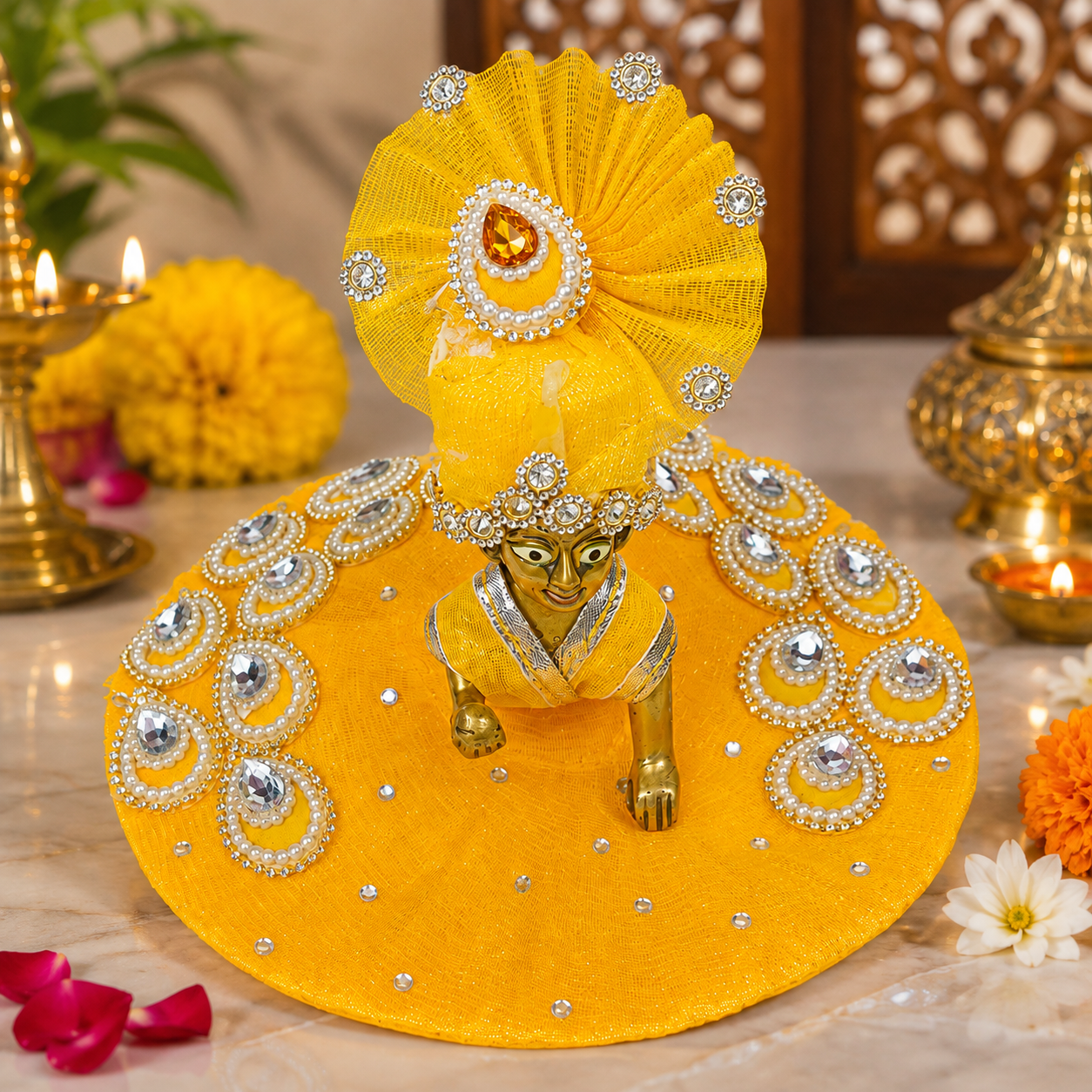 Yellow Laddu Gopal Dress with Designer Crown & Shringar | Bal Gopal Poshak