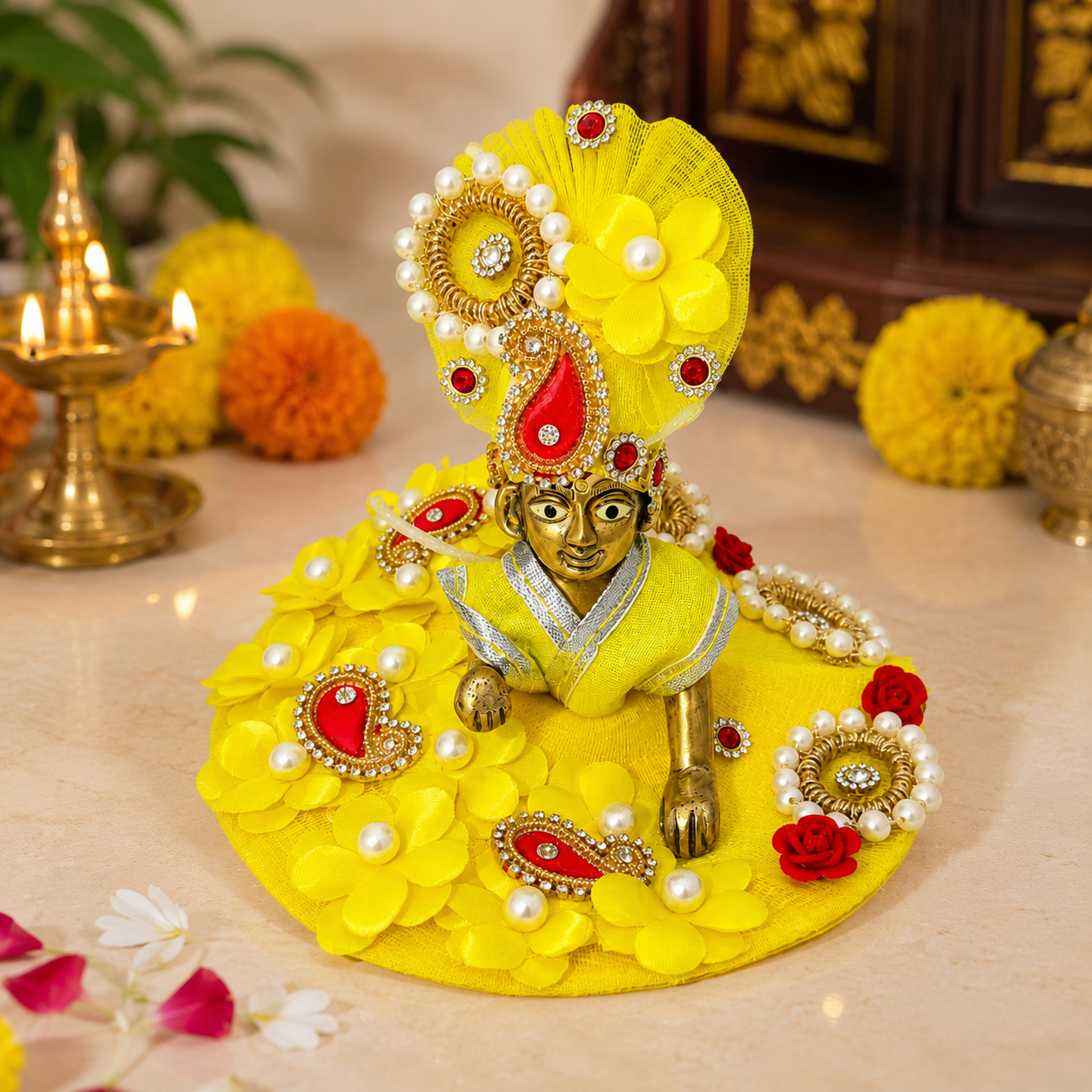 Laddu Gopal  Yellow Floral Dress | Krishna Murti for Pooja & Home Decor